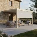 Pergola bioclimatique 4x3 m adossée motorisée en aluminium crème avec éclairage LED et avec store - Ambiance