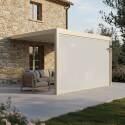 Pergola bioclimatique 4x3 m adossée motorisée en aluminium crème avec éclairage LED et avec store - Ambiance