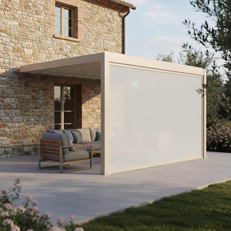 Pergola bioclimatique 4x3 m adossée motorisée en aluminium crème avec éclairage LED et avec store - Ambiance