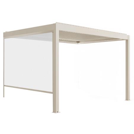 Pergola bioclimatique 4x3 m adossée motorisée en aluminium crème avec éclairage LED et avec store