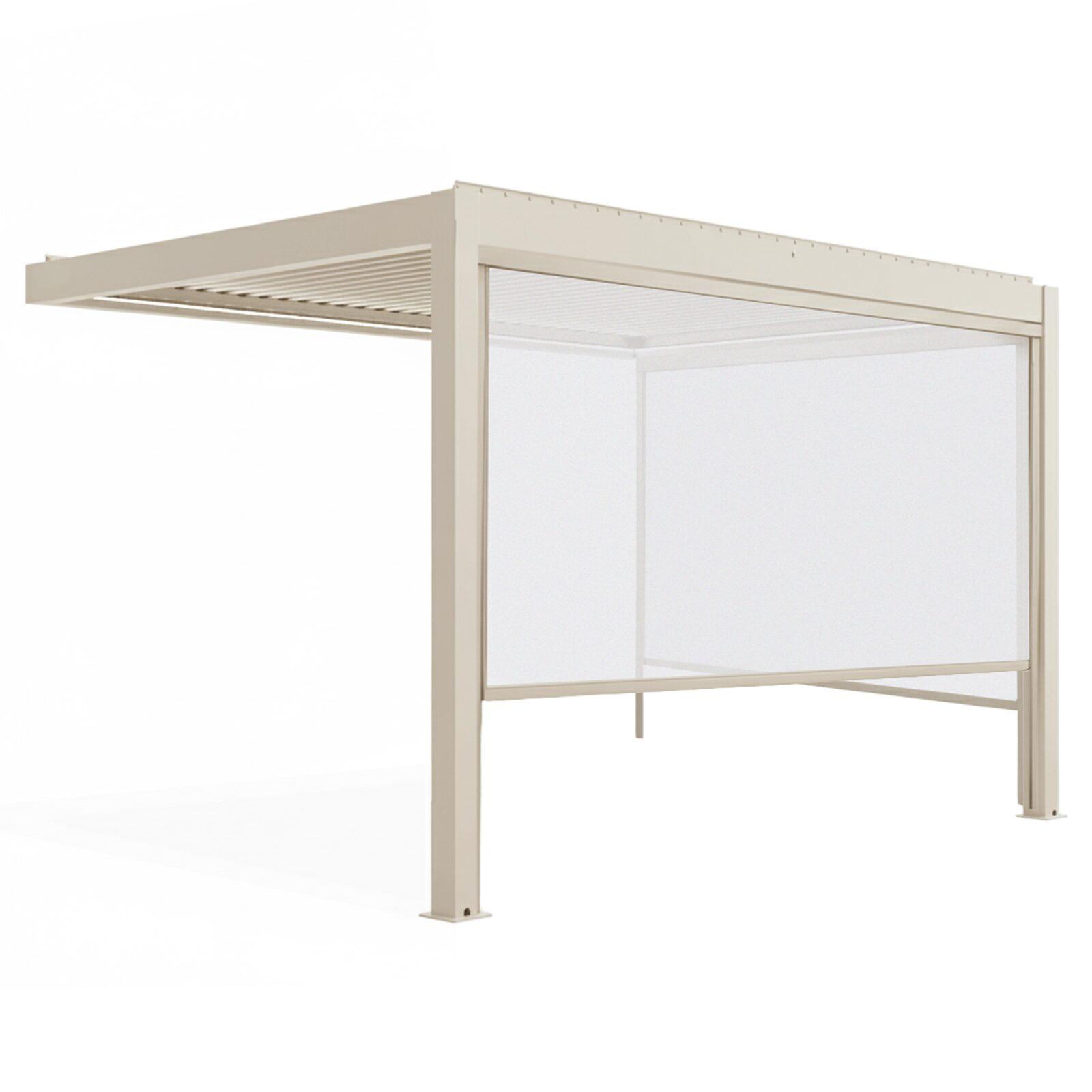 Pergola bioclimatique 4x3 m adossée motorisée en aluminium crème avec éclairage LED et avec store