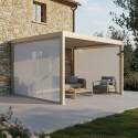 Pergola bioclimatique 4x3 m adossée motorisée en aluminium crème avec éclairage LED et avec store - Ambiance