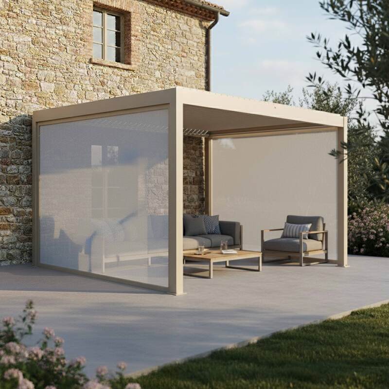 Pergola bioclimatique 4x3 m adossée motorisée en aluminium crème avec éclairage LED et avec store - Ambiance