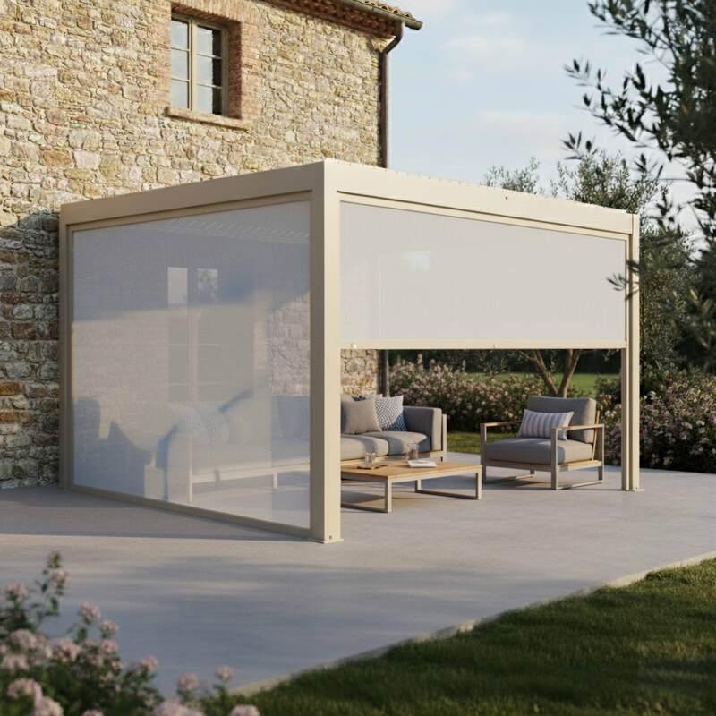 Pergola bioclimatique 4x3 m adossée motorisée en aluminium crème avec éclairage LED et avec store - Ambiance
