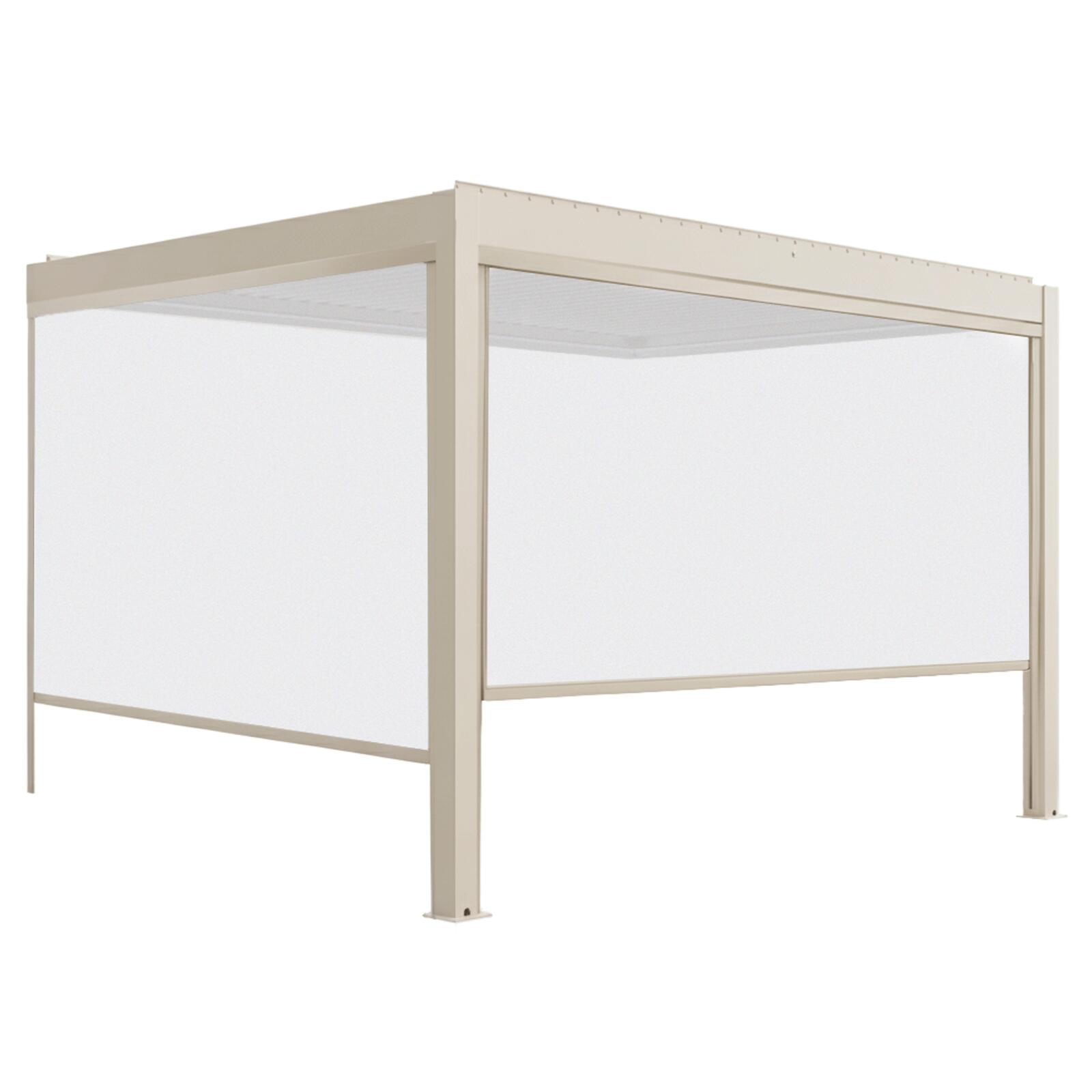 Pergola bioclimatique 4x3 m adossée motorisée en aluminium crème avec éclairage LED et avec store