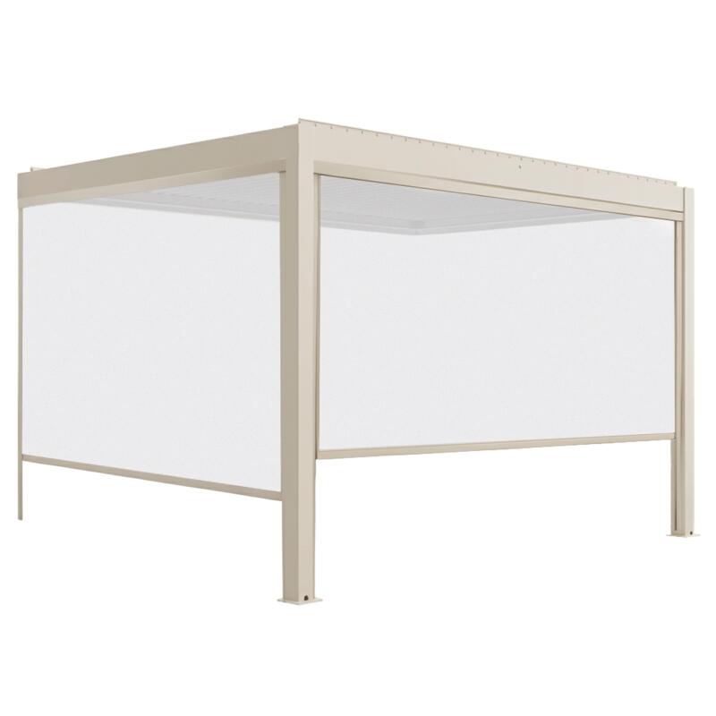 Pergola bioclimatique 4x3 m adossée motorisée en aluminium crème avec éclairage LED et avec store