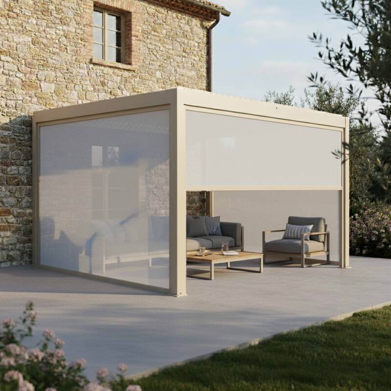 Pergola bioclimatique 4x3 m adossée motorisée en aluminium crème avec éclairage LED et avec store - Ambiance