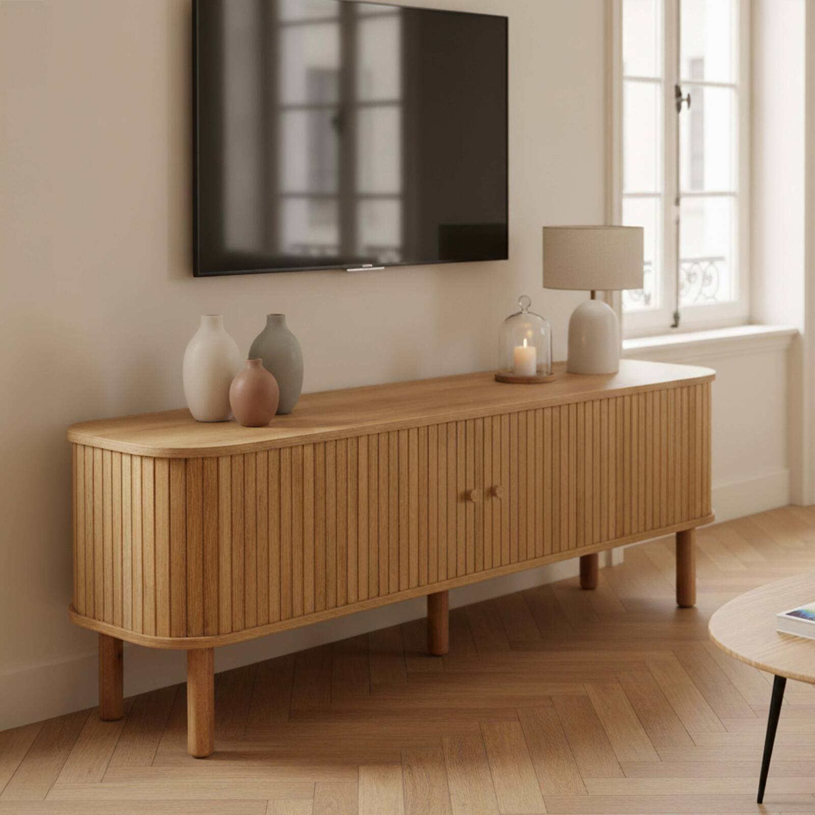 Meuble TV effet bois 150cm style scandinave