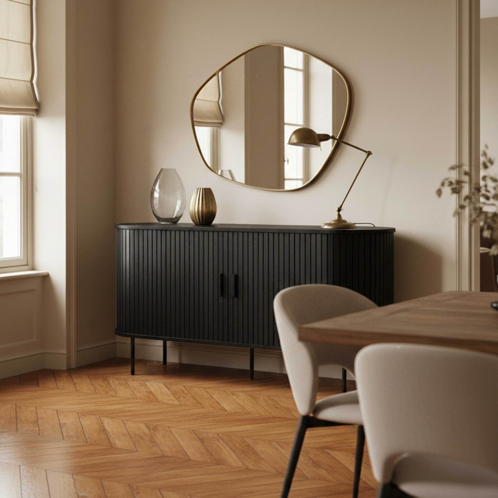 Buffet effet bois et métal 2 portes effet lattes 140 cm