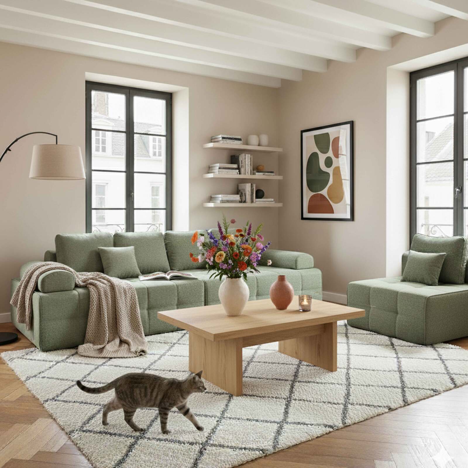 Fauteuil droit pour canapé modulable en tissu avec coussins 