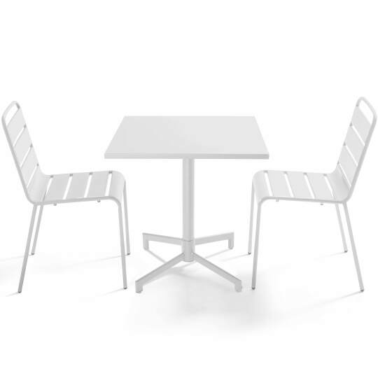 Table de jardin bistrot carré inclinable en métal avec pied encastrable 70x70 cm et 2 chaises | Oviala