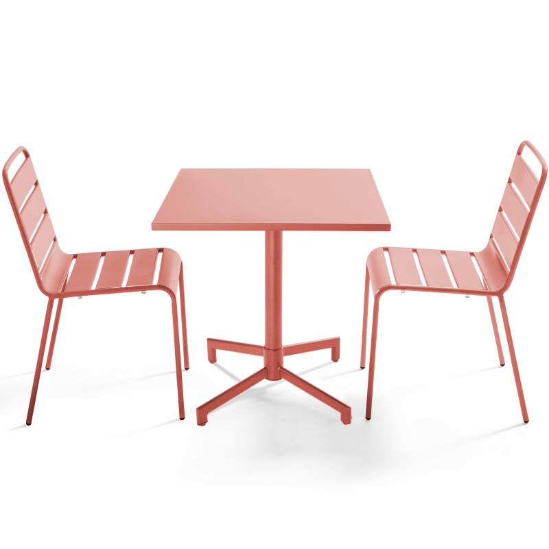 Table de jardin bistrot carré inclinable en métal avec pied encastrable 70x70 cm et 2 chaises