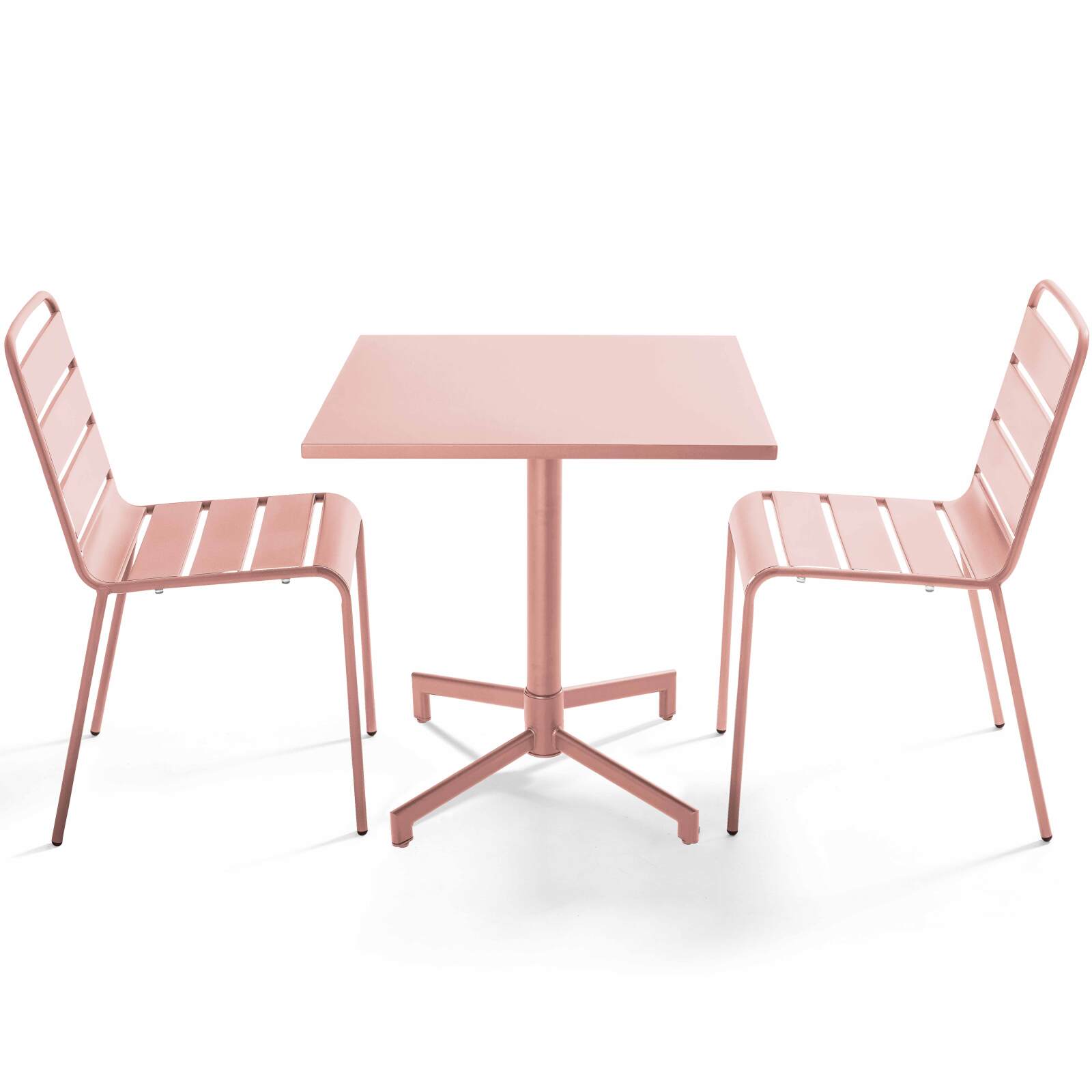 Table de jardin bistrot carré inclinable en métal avec pied encastrable 70x70 cm et 2 chaises