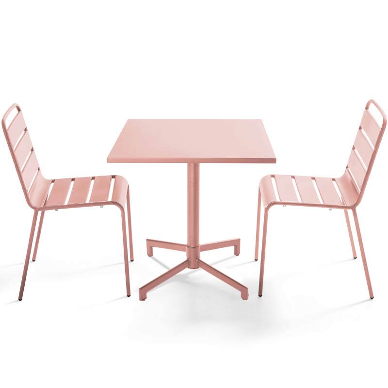 Table de jardin bistrot carré inclinable en métal avec pied encastrable 70x70 cm et 2 chaises