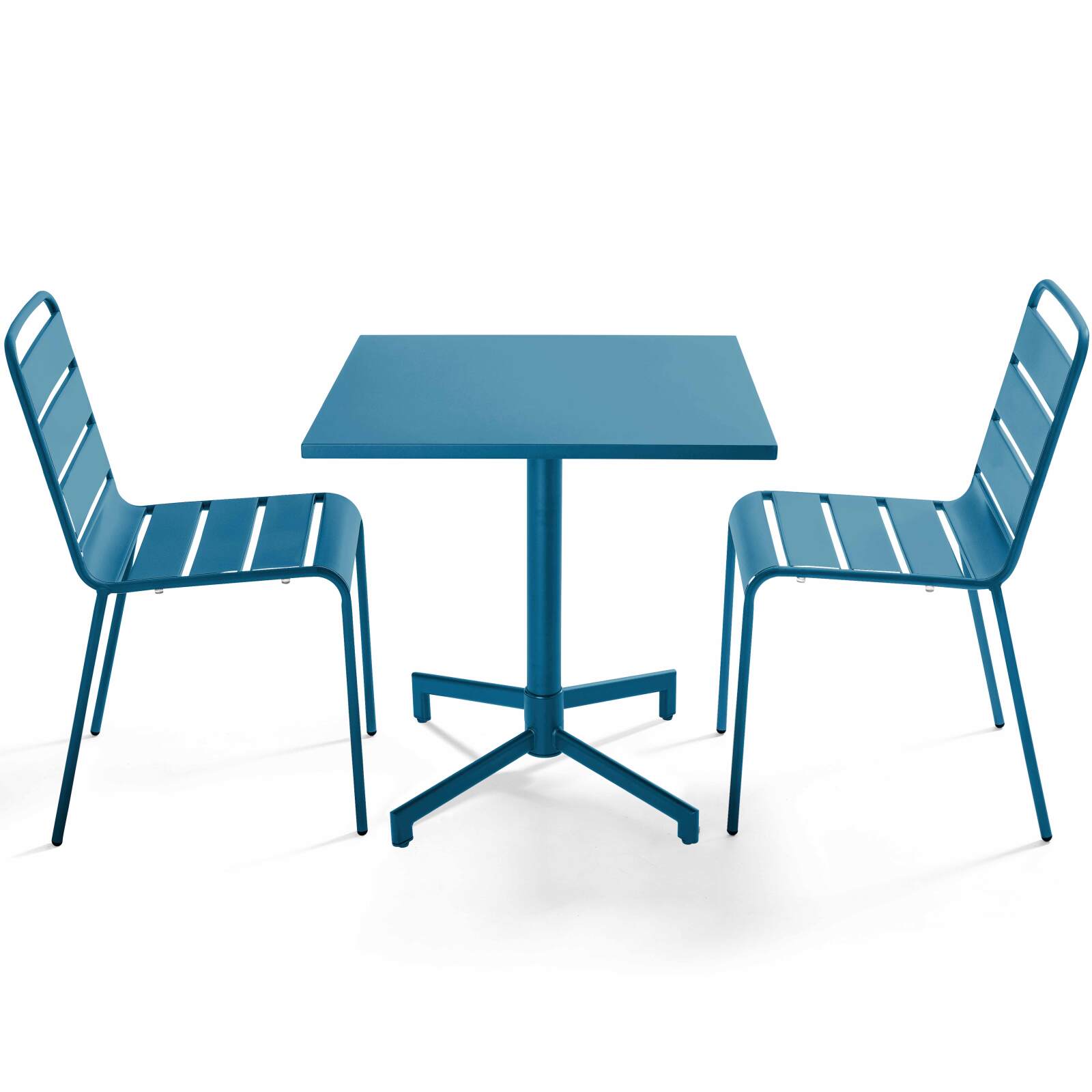 Table de jardin bistrot carré inclinable en métal avec pied encastrable 70x70 cm et 2 chaises