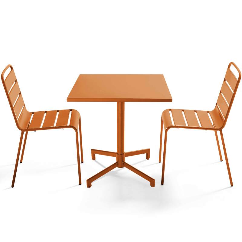 Table de jardin bistrot carré inclinable en métal avec pied encastrable 70x70 cm et 2 chaises