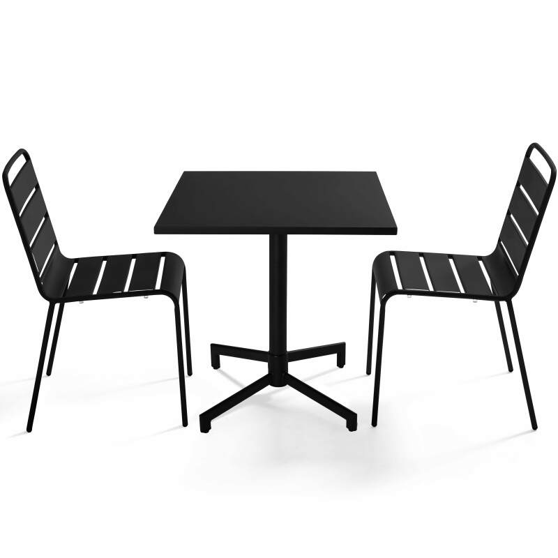 Table de jardin bistrot carré inclinable en métal avec pied encastrable 70x70 cm et 2 chaises