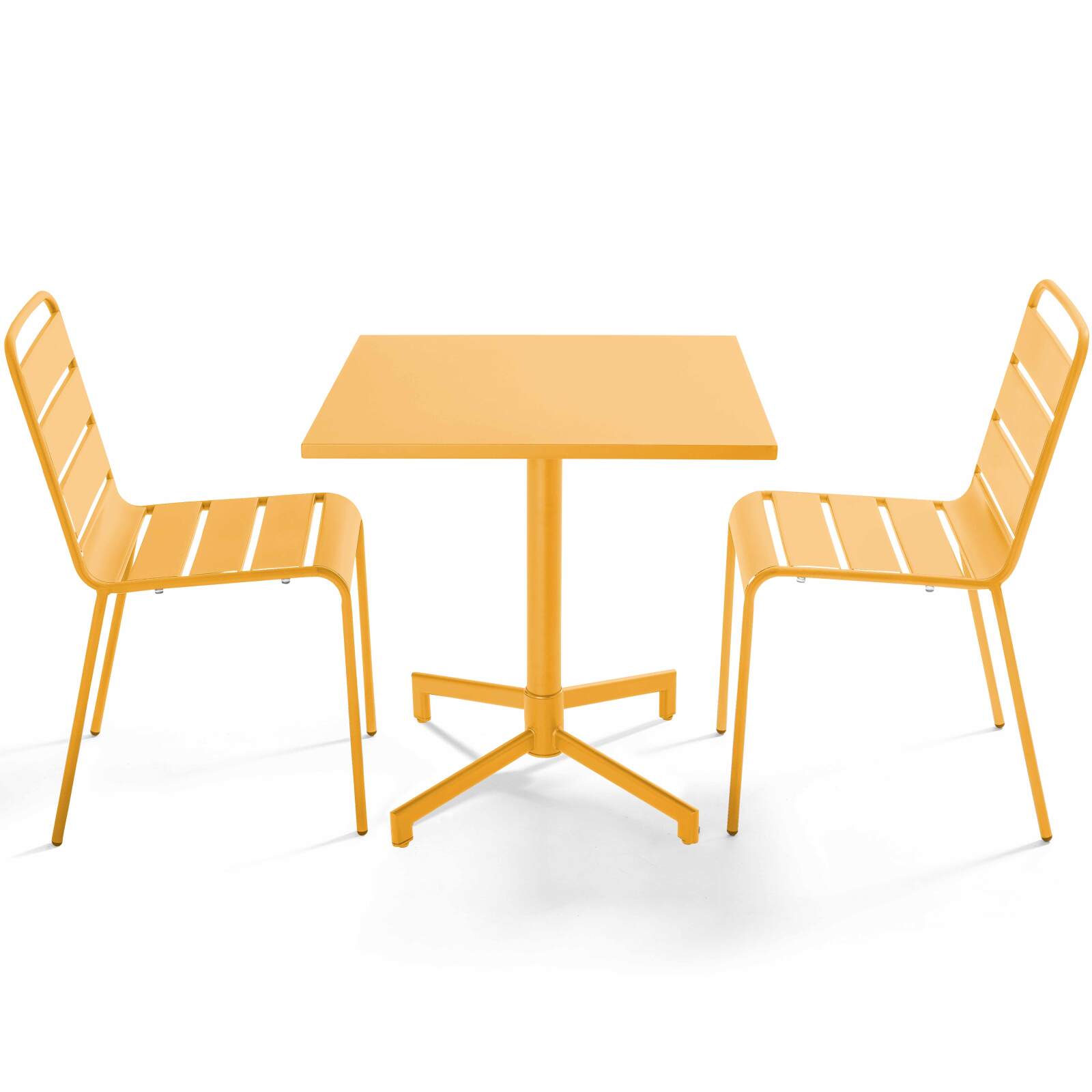Table de jardin bistrot carré inclinable en métal avec pied encastrable 70x70 cm et 2 chaises