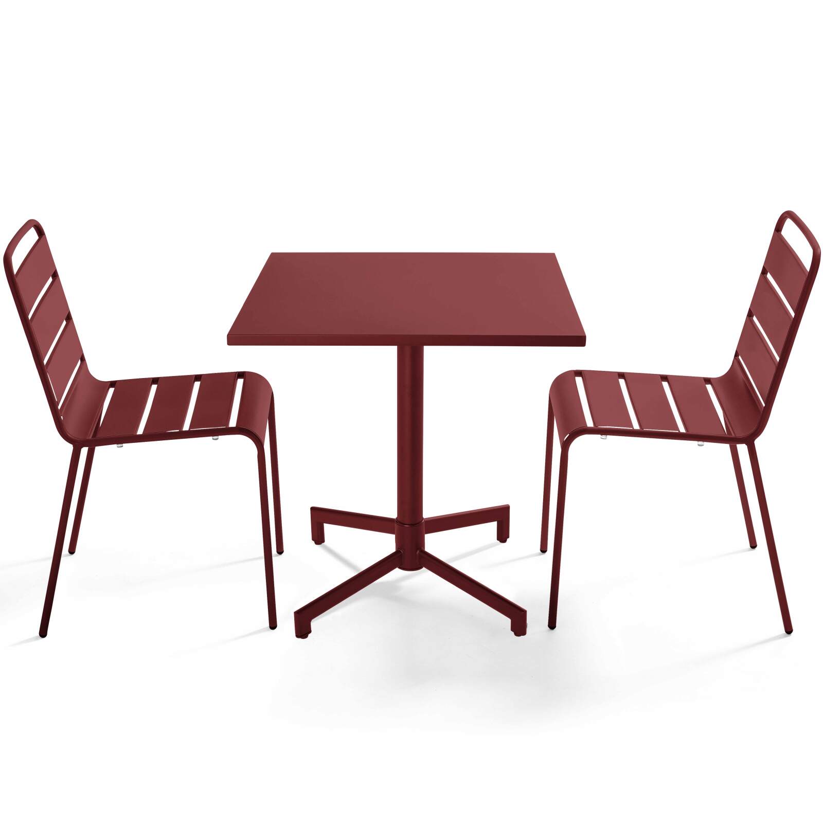 Table de jardin bistrot carré inclinable en métal avec pied encastrable 70x70 cm et 2 chaises