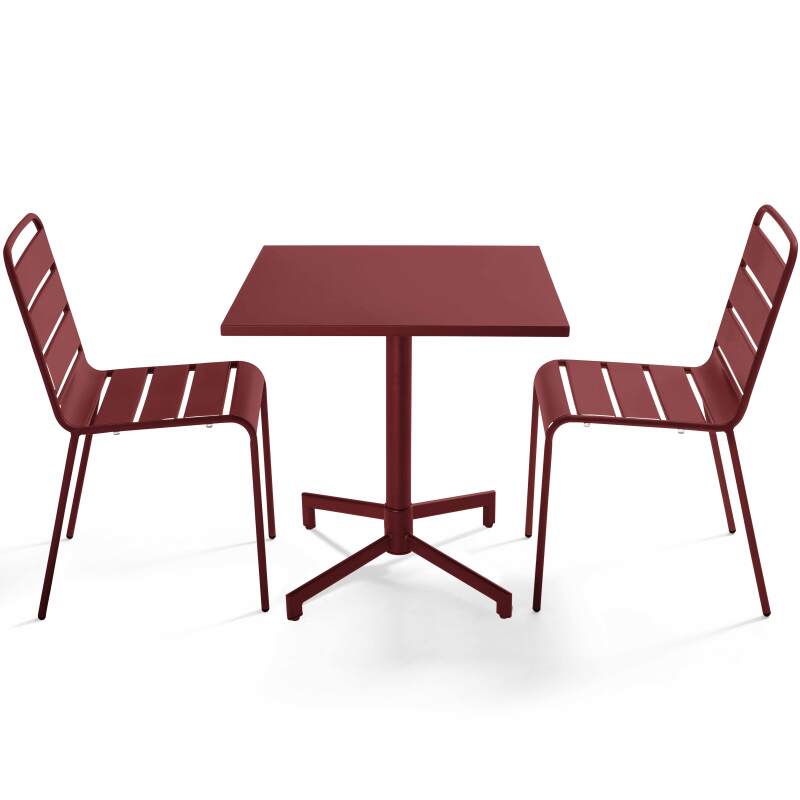 Table de jardin bistrot carré inclinable en métal avec pied encastrable 70x70 cm et 2 chaises