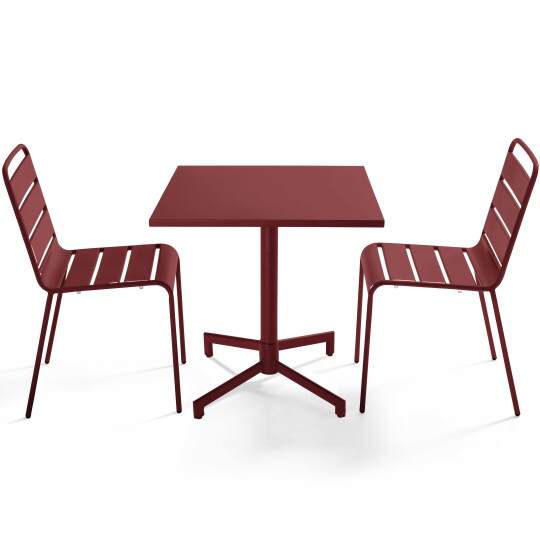 Table de jardin bistrot carré inclinable en métal avec pied encastrable 70x70 cm et 2 chaises