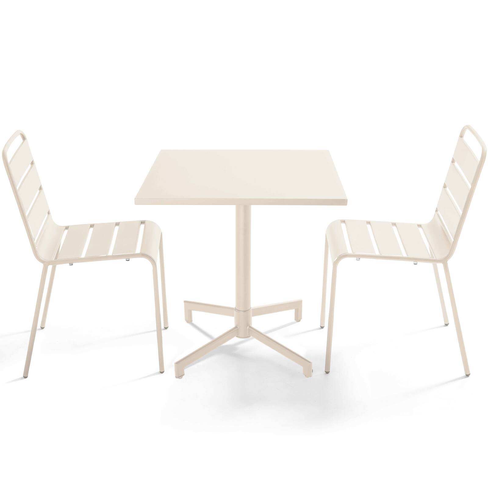 Table de jardin bistrot carré inclinable en métal avec pied encastrable 70x70 cm et 2 chaises