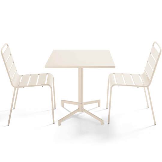 Table de jardin bistrot carré inclinable en métal avec pied encastrable 70x70 cm et 2 chaises | Oviala
