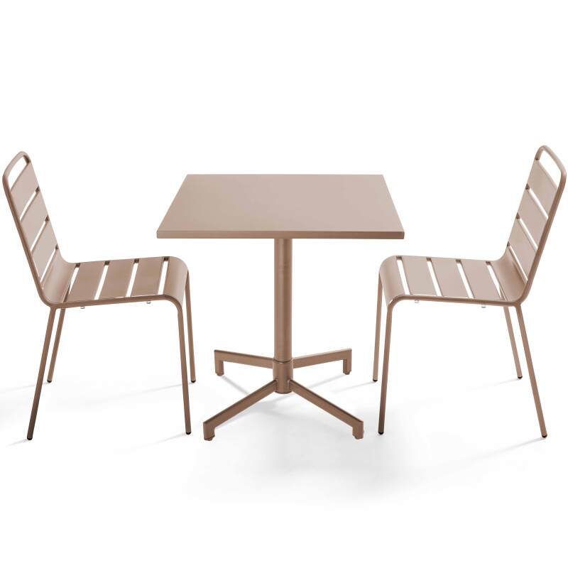 Table de jardin bistrot carré inclinable en métal avec pied encastrable 70x70 cm et 2 chaises