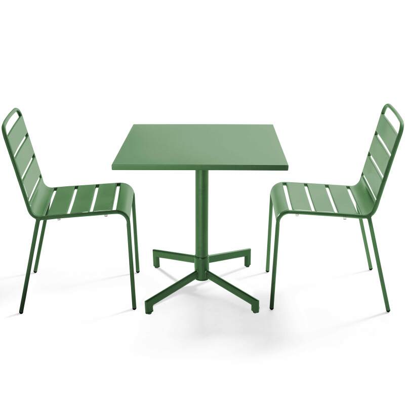 Table de jardin bistrot carré inclinable en métal avec pied encastrable 70x70 cm et 2 chaises