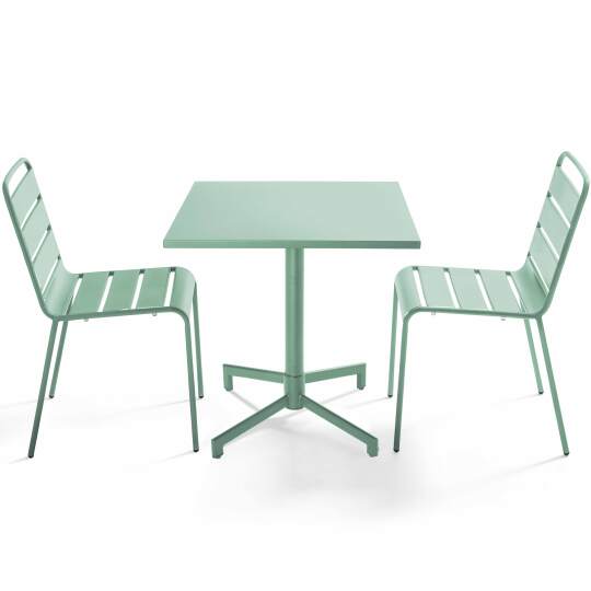 Table de jardin bistrot carré inclinable en métal avec pied encastrable 70x70 cm et 2 chaises | Oviala