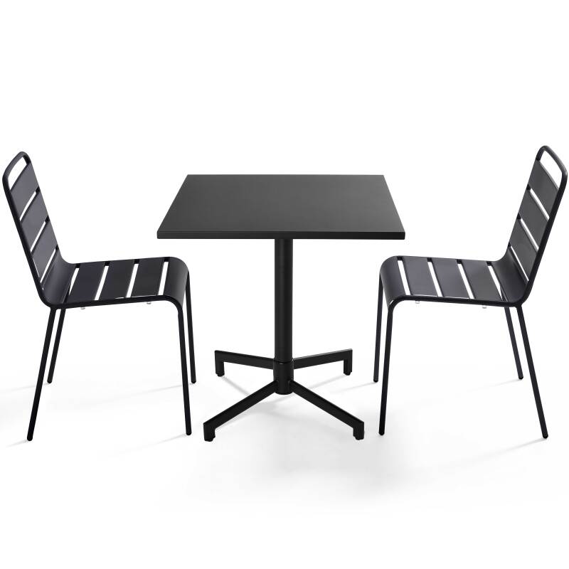Table de jardin bistrot carré inclinable en métal avec pied encastrable 70x70 cm et 2 chaises
