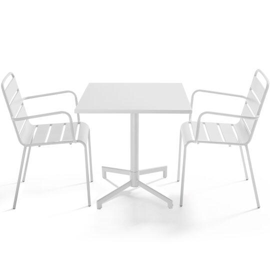Table de jardin bistrot carrée inclinable en métal avec pied encastrable 70x70 cm et 2 chaises avec accoudoirs | Oviala