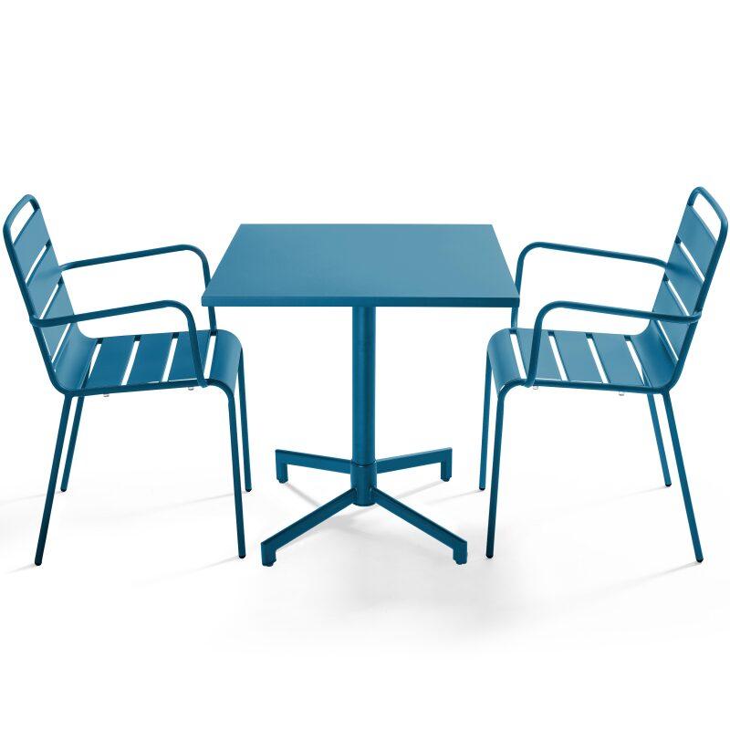 Table de jardin bistrot carrée inclinable en métal avec pied encastrable 70x70 cm et 2 chaises avec accoudoirs