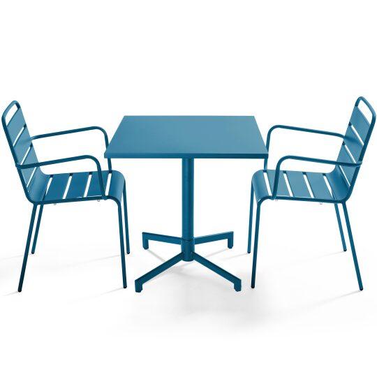 Table de jardin bistrot carrée inclinable en métal avec pied encastrable 70x70 cm et 2 chaises avec accoudoirs | Oviala