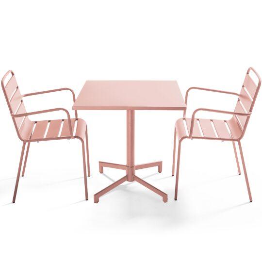 Table de jardin bistrot carrée inclinable en métal avec pied encastrable 70x70 cm et 2 chaises avec accoudoirs | Oviala