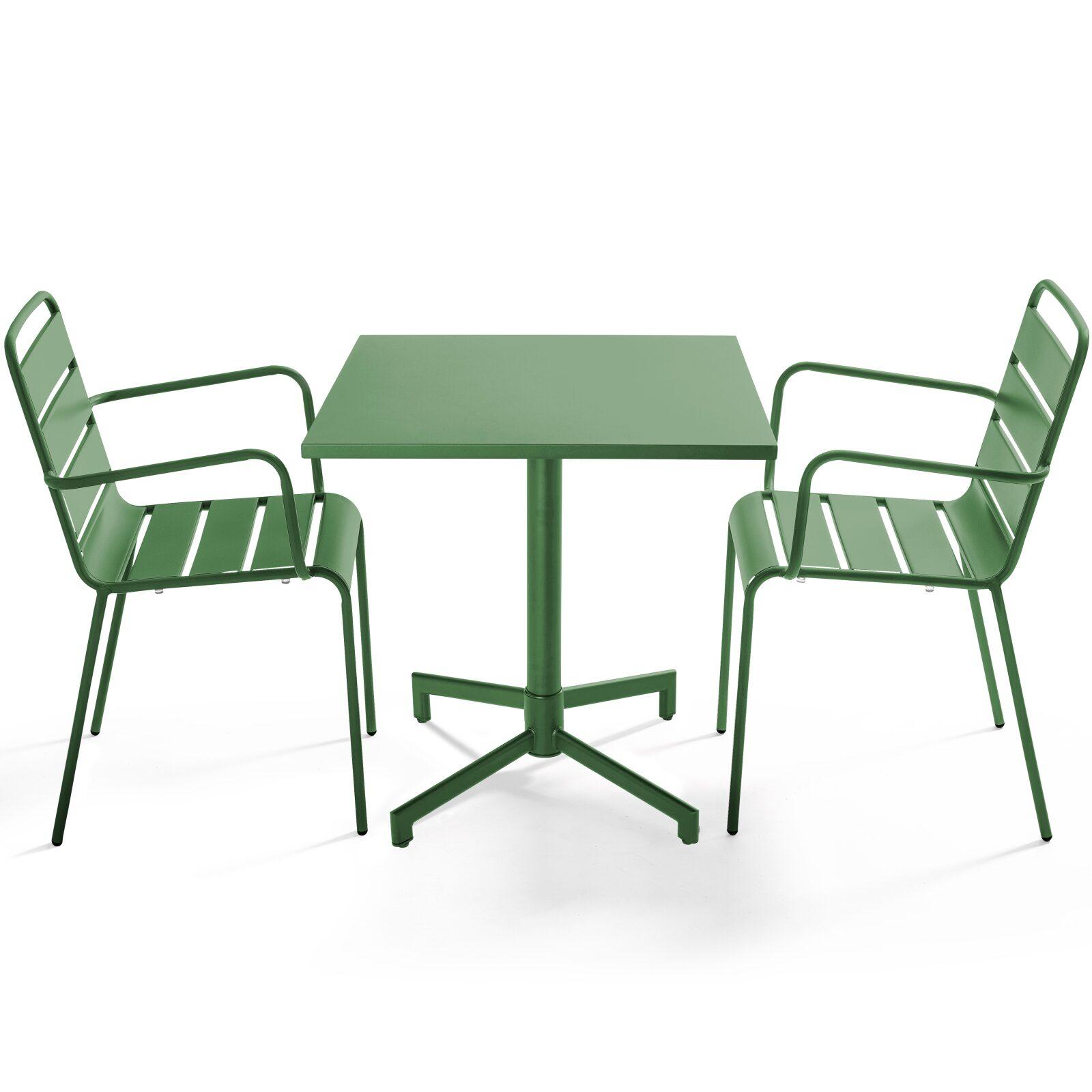 Table de jardin bistrot carrée inclinable en métal avec pied encastrable 70x70 cm et 2 chaises avec accoudoirs