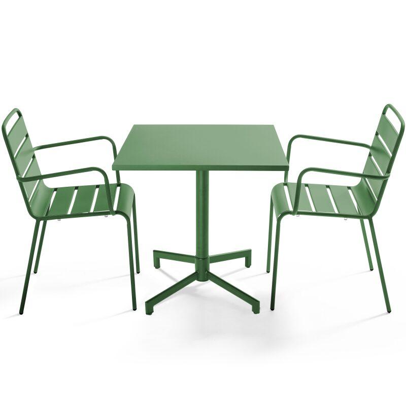 Table de jardin bistrot carrée inclinable en métal avec pied encastrable 70x70 cm et 2 chaises avec accoudoirs