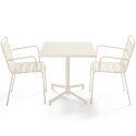 Table de jardin bistrot carrée inclinable en métal avec pied encastrable 70x70 cm et 2 chaises avec accoudoirs