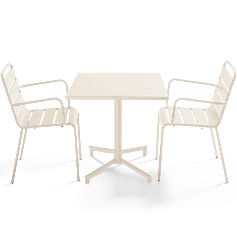 Table de jardin bistrot carrée inclinable en métal avec pied encastrable 70x70 cm et 2 chaises avec accoudoirs