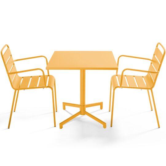 Table de jardin bistrot carrée inclinable en métal avec pied encastrable 70x70 cm et 2 chaises avec accoudoirs | Oviala