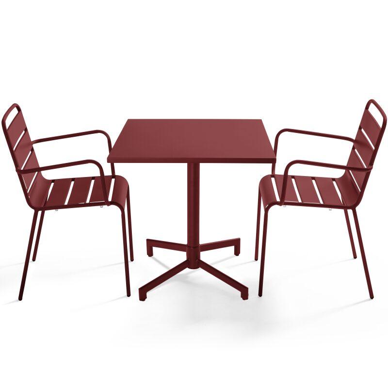 Table de jardin bistrot carrée inclinable en métal avec pied encastrable 70x70 cm et 2 chaises avec accoudoirs