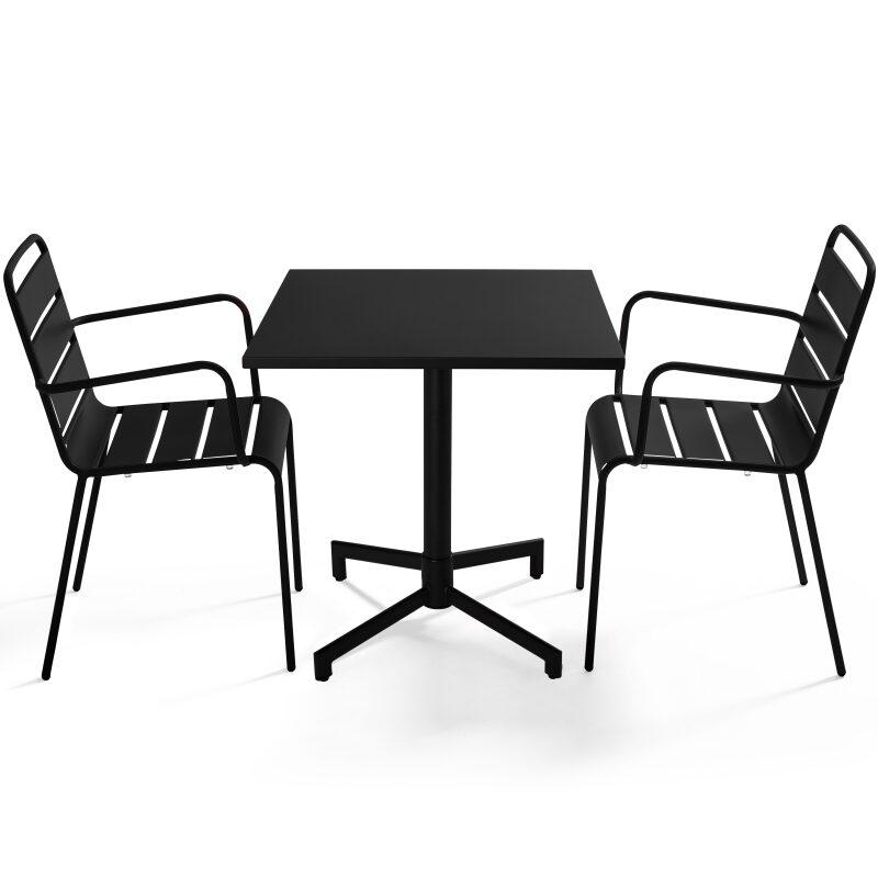 Table de jardin bistrot carrée inclinable en métal avec pied encastrable 70x70 cm et 2 chaises avec accoudoirs