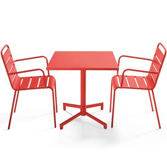 Table de jardin bistrot carrée inclinable en métal avec pied encastrable 70x70 cm et 2 chaises avec accoudoirs | Oviala