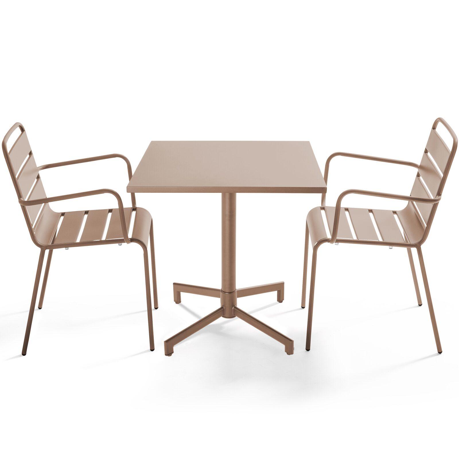 Table de jardin bistrot carrée inclinable en métal avec pied encastrable 70x70 cm et 2 chaises avec accoudoirs