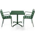 Table de jardin bistrot carrée inclinable en métal avec pied encastrable 70x70 cm et 2 chaises avec accoudoirs