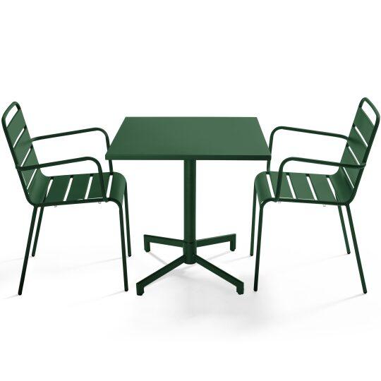 Table de jardin bistrot carrée inclinable en métal avec pied encastrable 70x70 cm et 2 chaises avec accoudoirs | Oviala