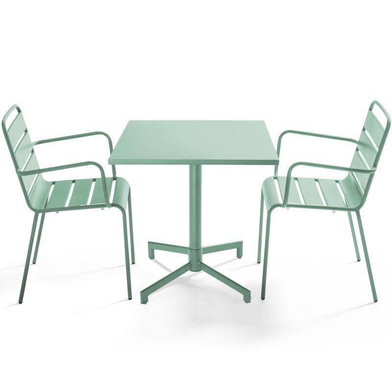 Table de jardin bistrot carrée inclinable en métal avec pied encastrable 70x70 cm et 2 chaises avec accoudoirs