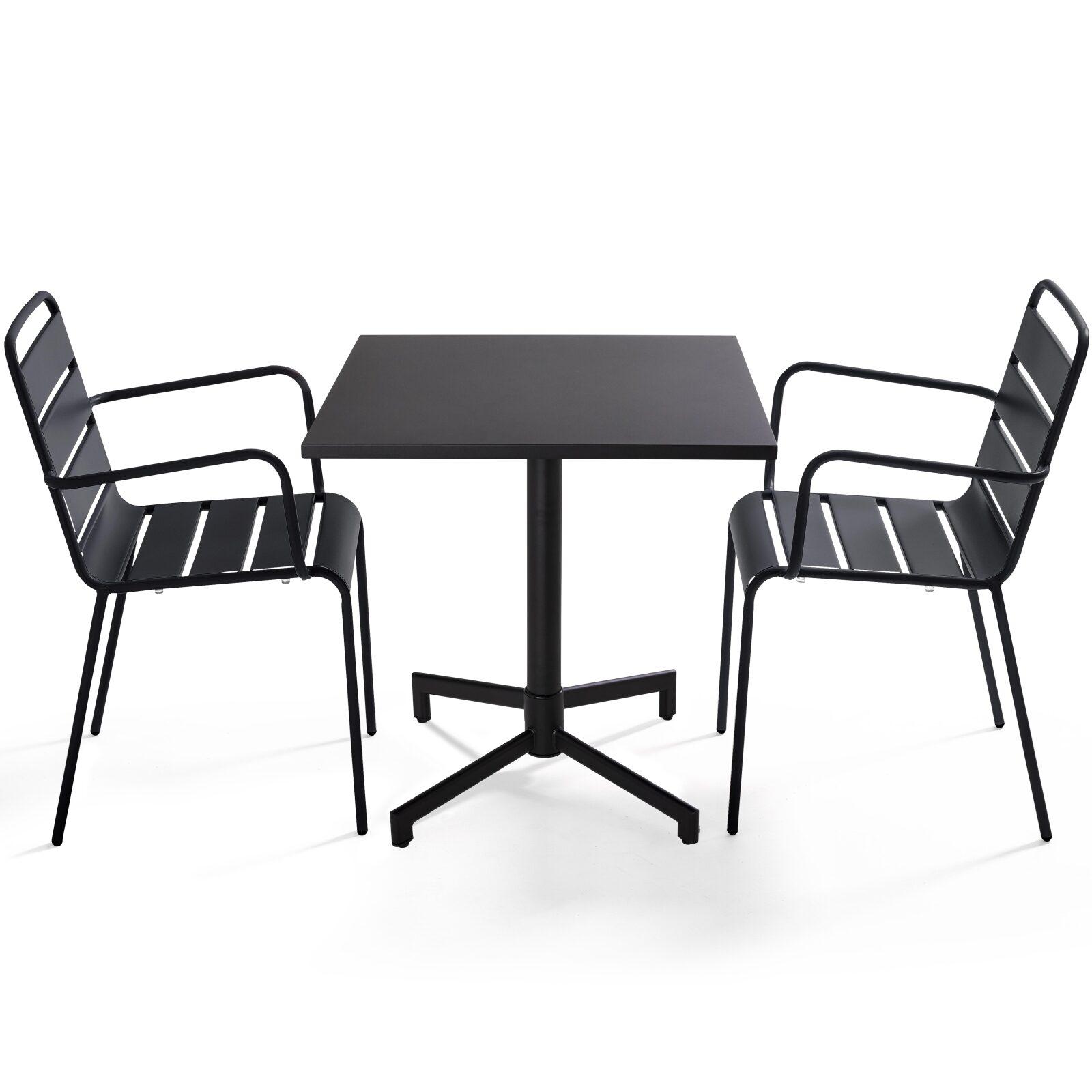 Table de jardin bistrot carrée inclinable en métal avec pied encastrable 70x70 cm et 2 chaises avec accoudoirs