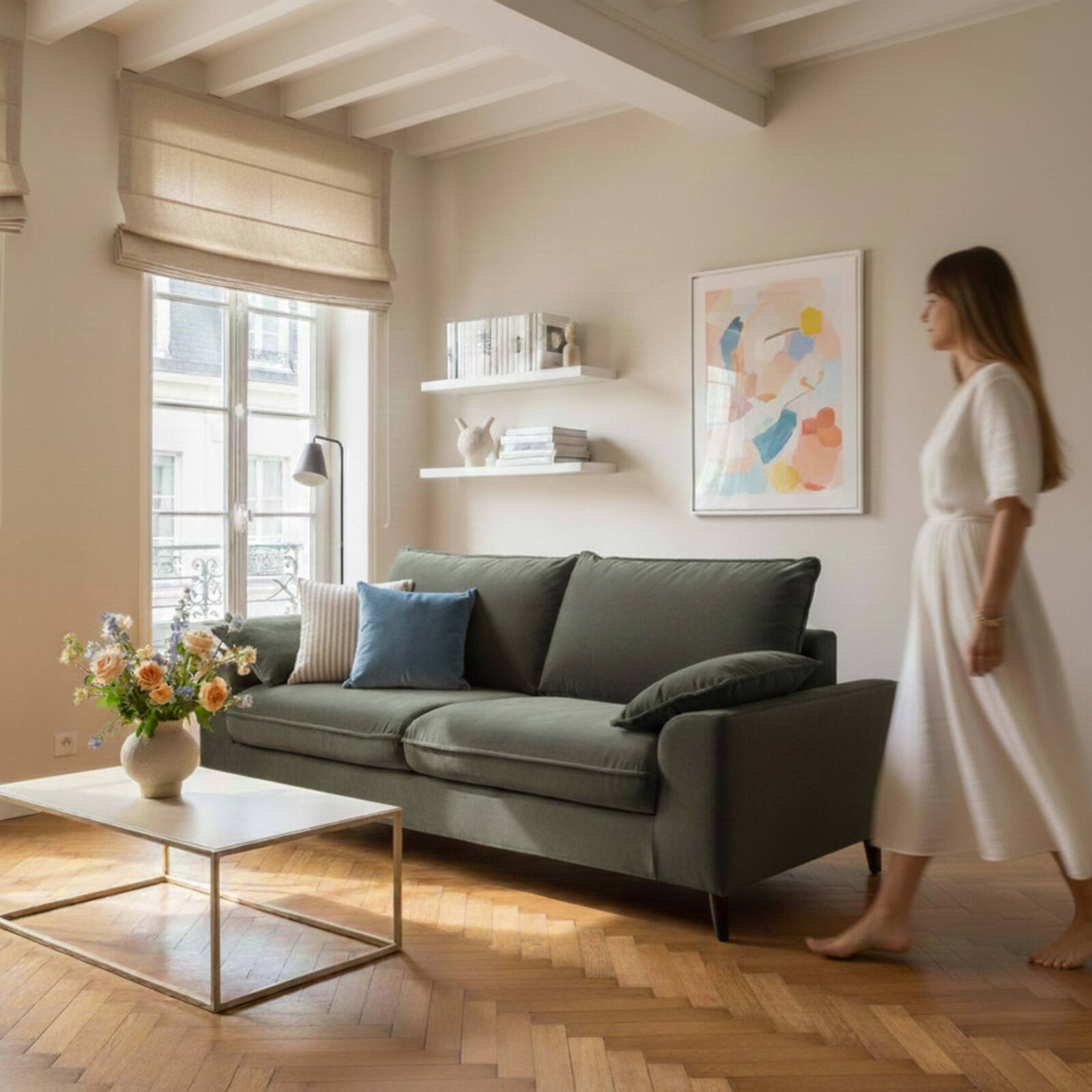 Canapé 3 places en velours déhoussable avec coussins