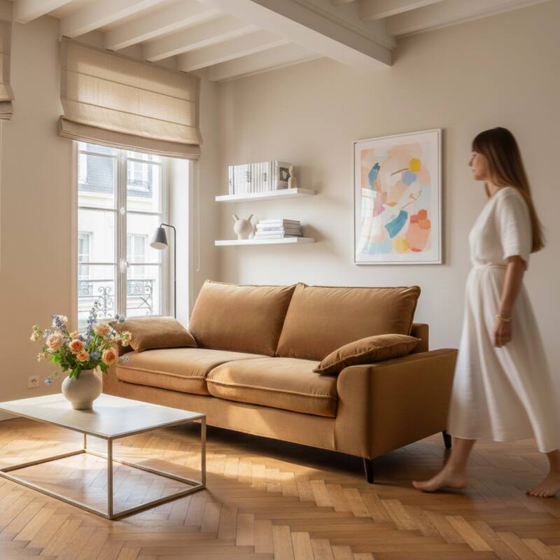 Canapé 3 places en velours déhoussable avec coussins